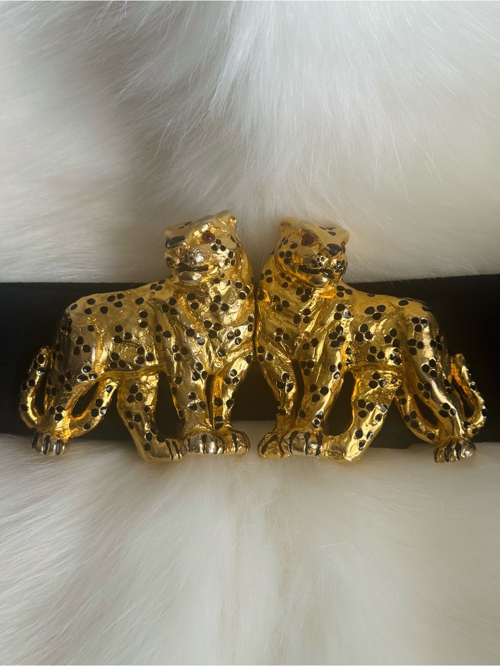 Mimi Di N  1993 Gold Tone Leopard Pair Sculptural Belt Buckle
